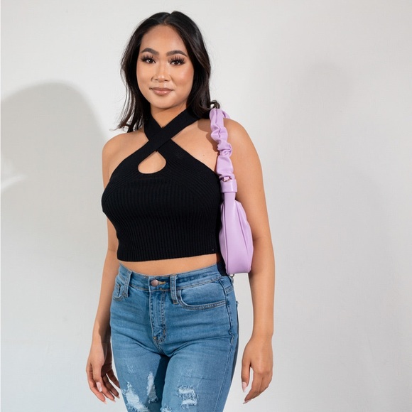 New-Black Knit Halter Crop Top - Stretchy & Soft - Picture 4 of 5